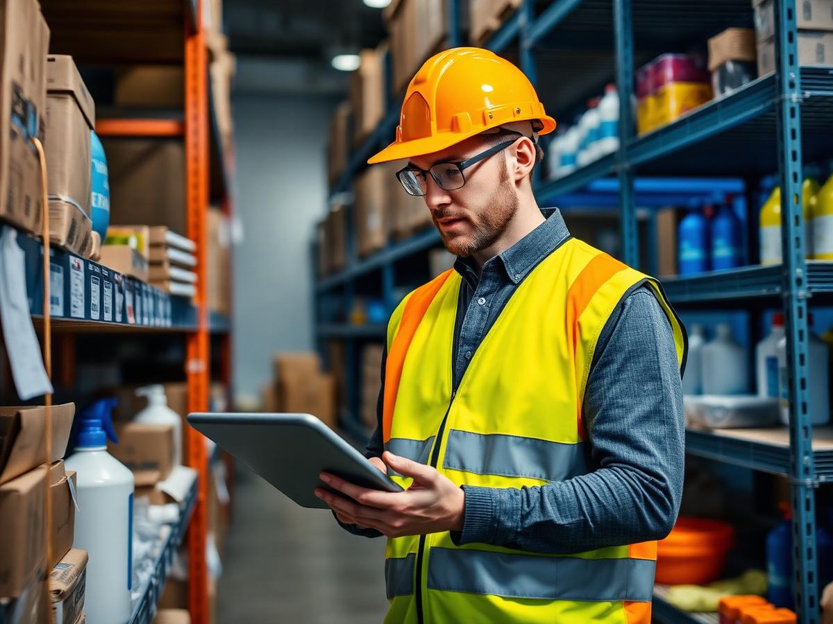 Trabajador revisando inventario de insumos en bodega